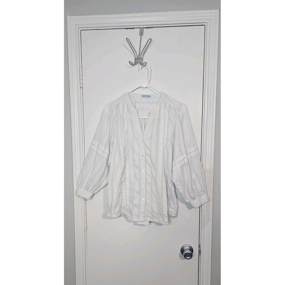 J.McLaughlin XS White Pintuck Blouse‎ Balloon Sleeve Button Front Cotton Top